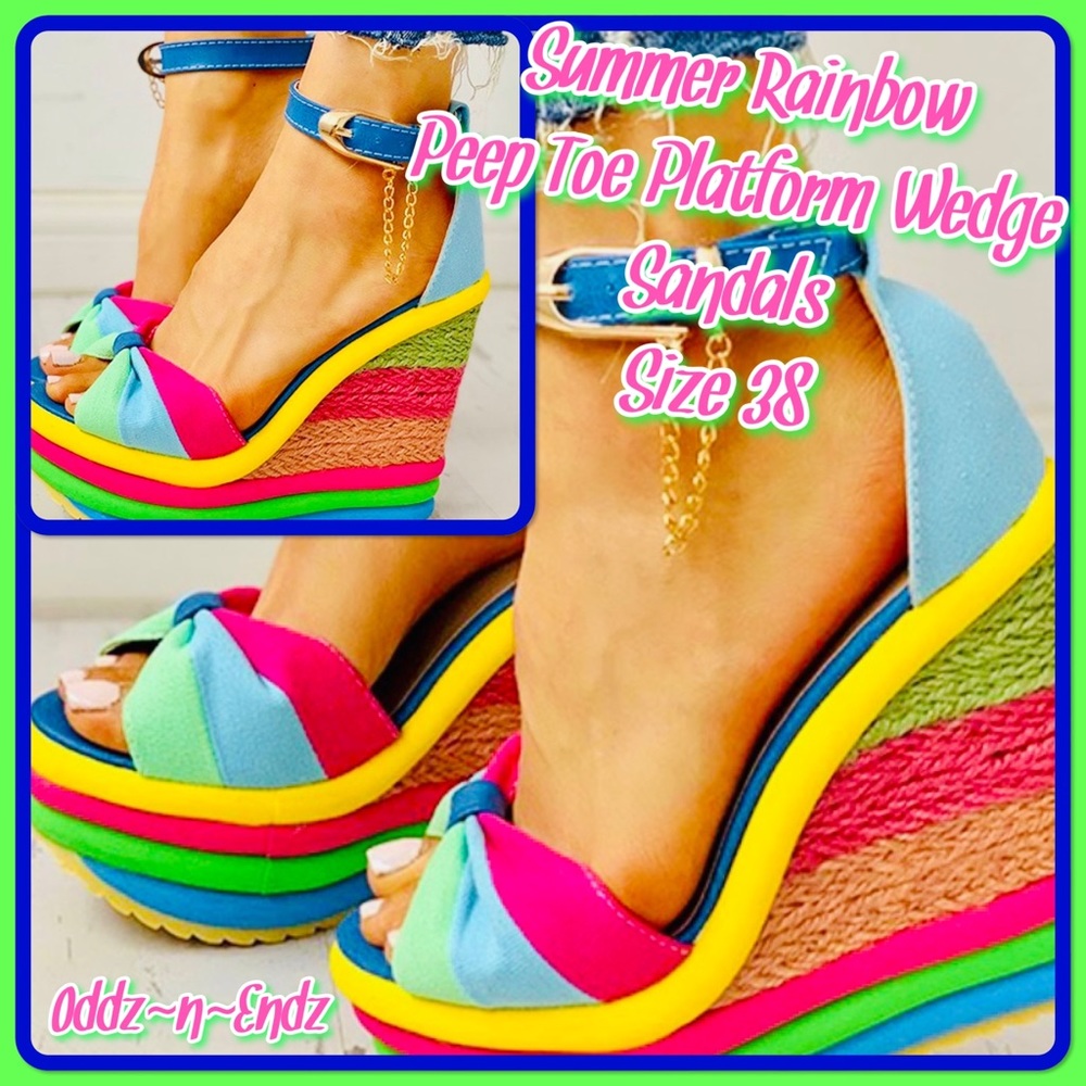 SOLD❌Neon Rainbow 🌈 Peep Toe Platform Espadrille Sandals Size 38/BRAND NEW!